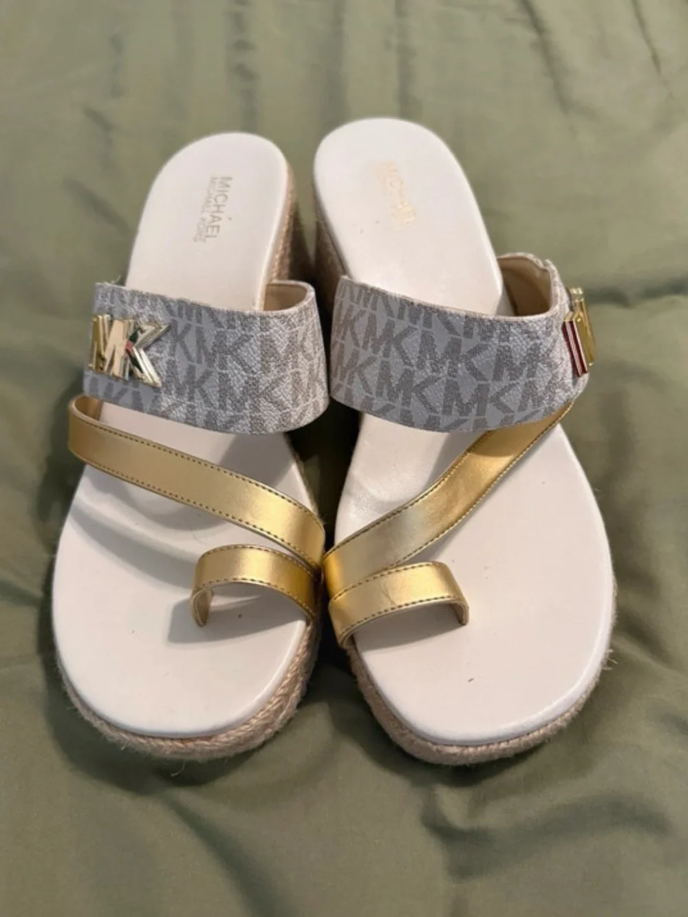 Michael Kors Gold & Beige Logo Espadrille Wedge Sandals